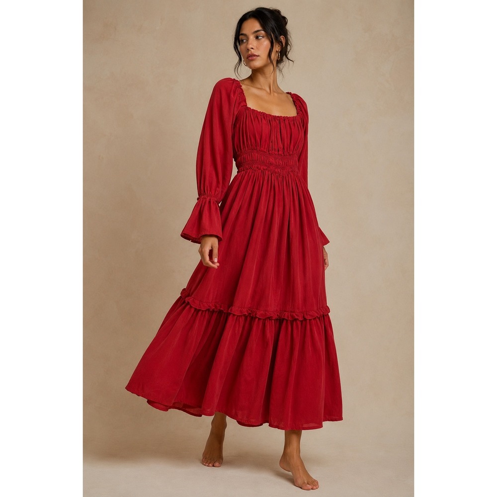 OhSevenDays‎ Willa Red Cupro Smocked Tiered Midi Dress Long Sleeve Small